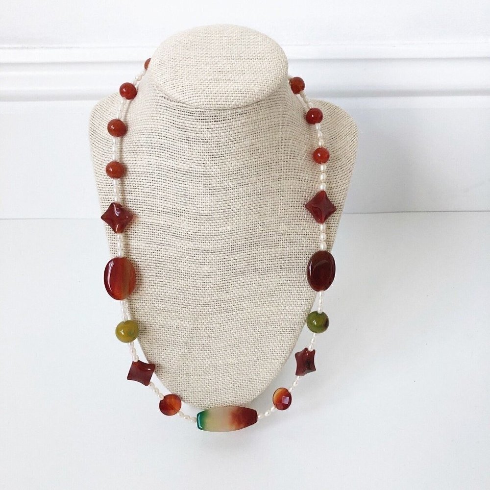 NWT Genuine Pearl, Agate & Carnelian Beaded Necklace